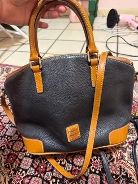 Dooney & Bourke Gray Pebble Leather Satchel with Tan Trim